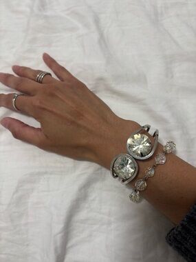 Silver Crystal Cuff Bracelet - Clear Crystal Accents